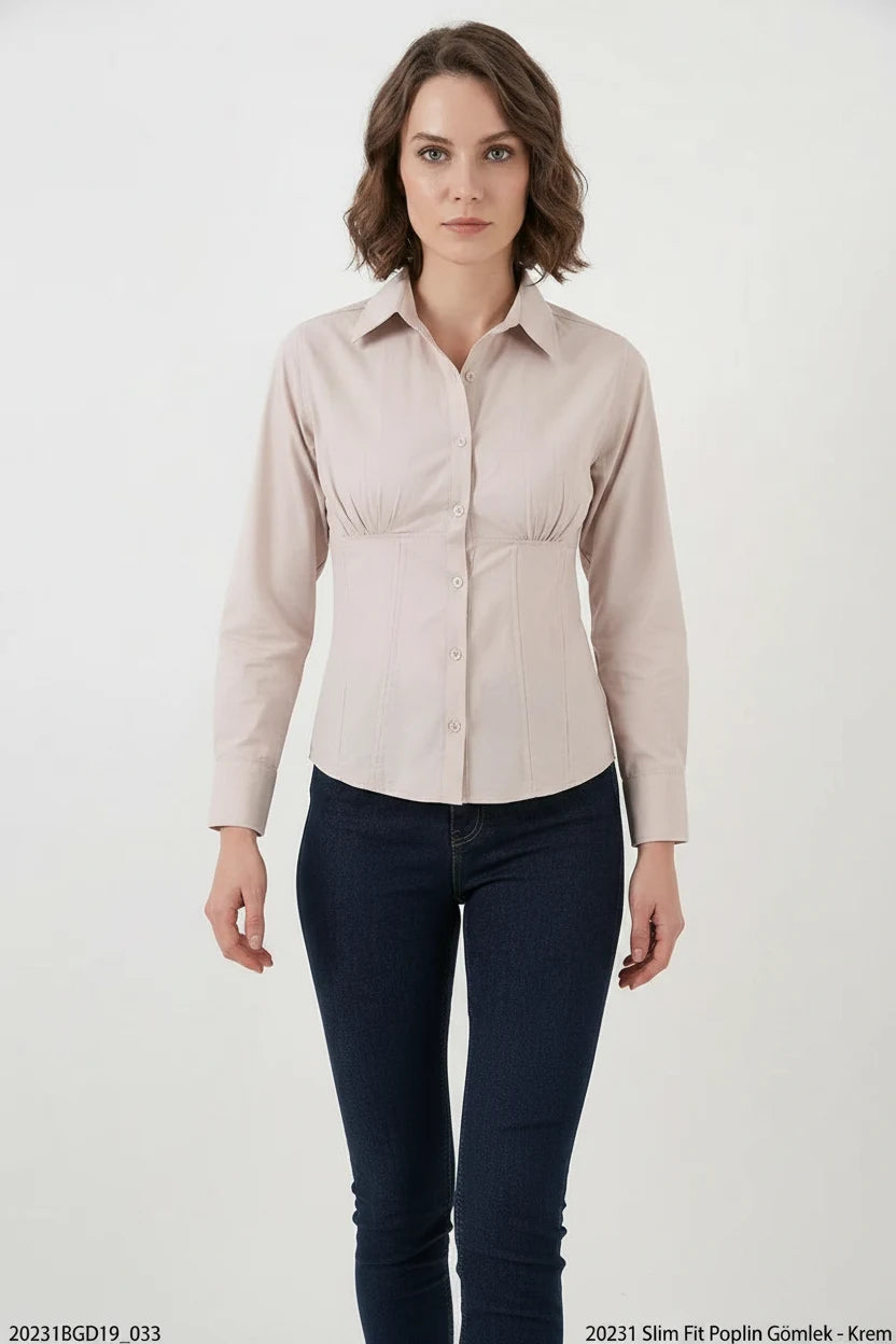 Kadın Slim Fit Belden Büzgülü Pamuklu Krem Gömlek