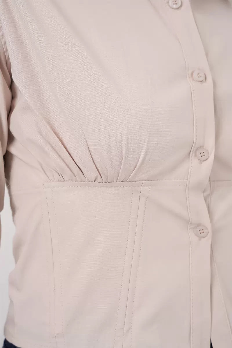 Kadın Slim Fit Belden Büzgülü Pamuklu Krem Gömlek