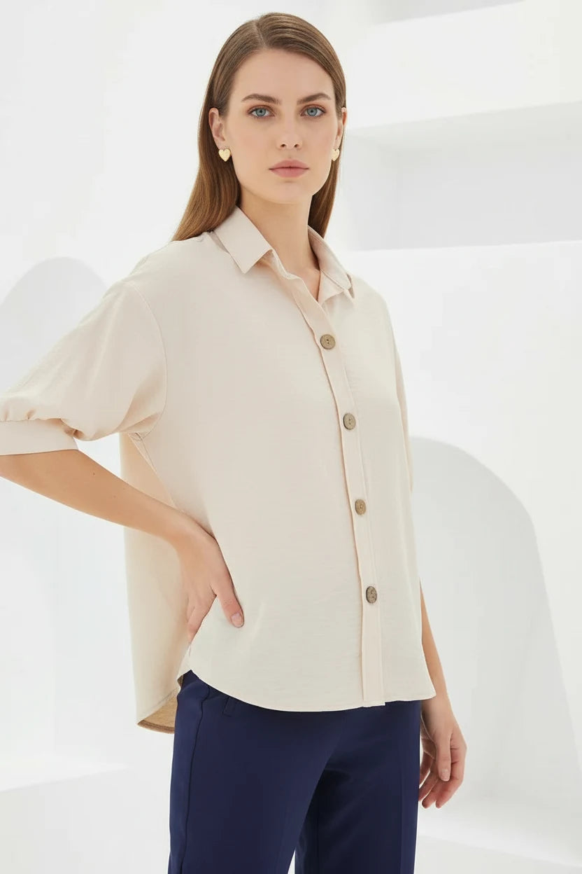 Kadın Kısa Kol Oversize Keten Krem Gömlek