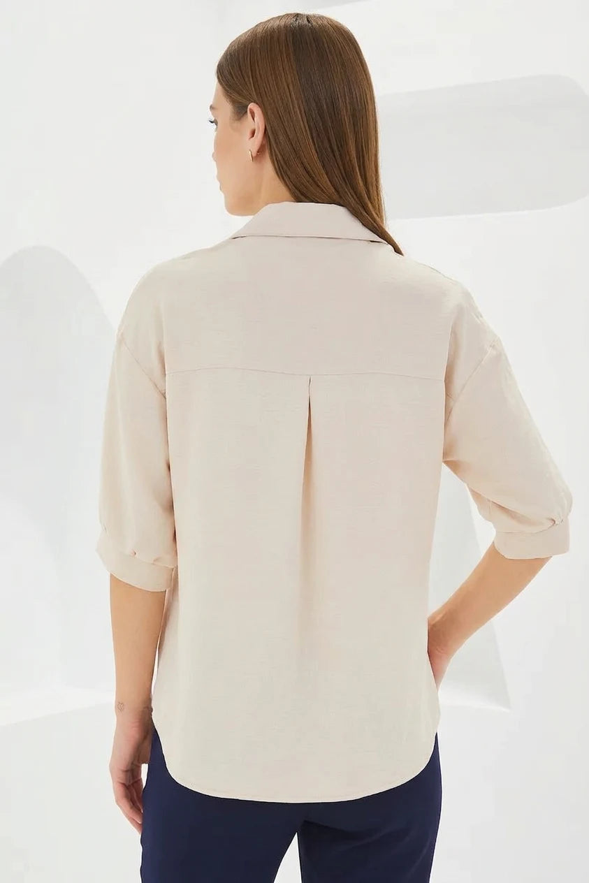 Kadın Kısa Kol Oversize Keten Krem Gömlek