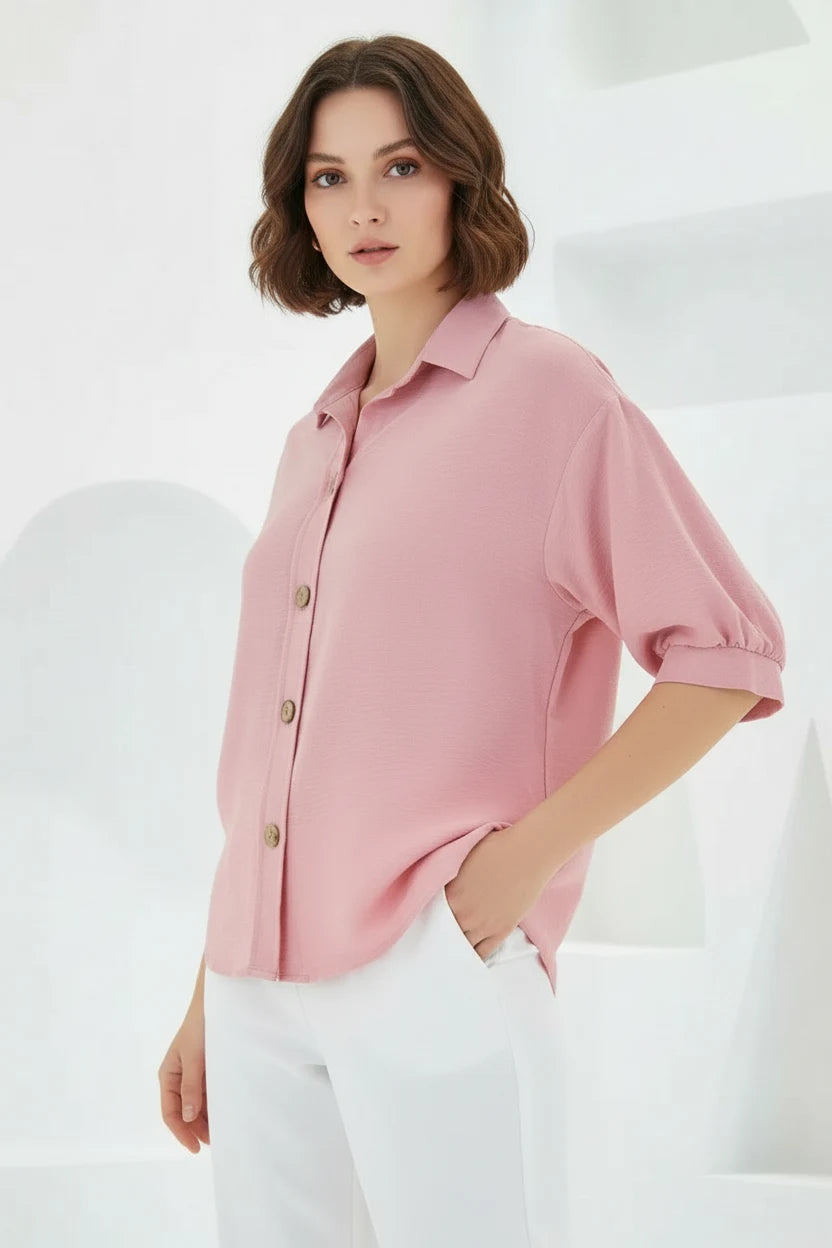 Kadın Oversize Kesim Kısa Kol Keten Pembe Gömlek