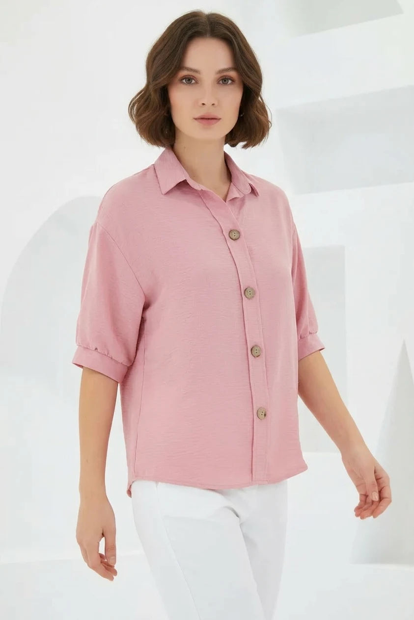 Kadın Oversize Kesim Kısa Kol Keten Pembe Gömlek