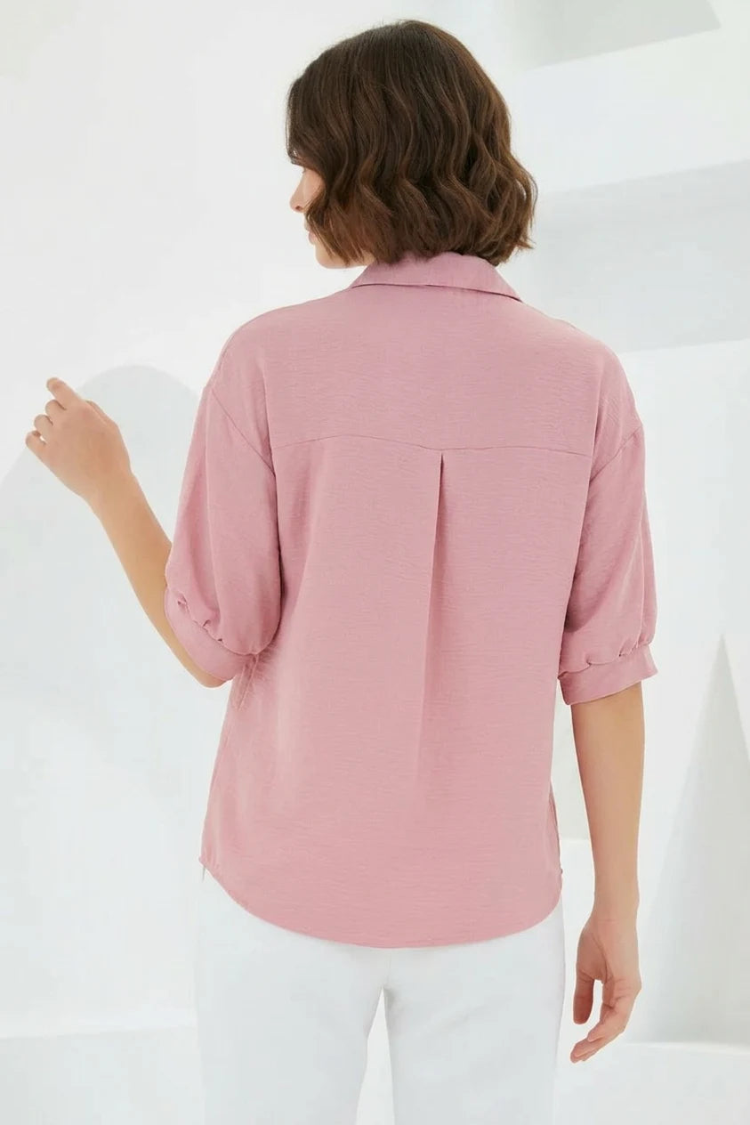 Kadın Oversize Kesim Kısa Kol Keten Pembe Gömlek