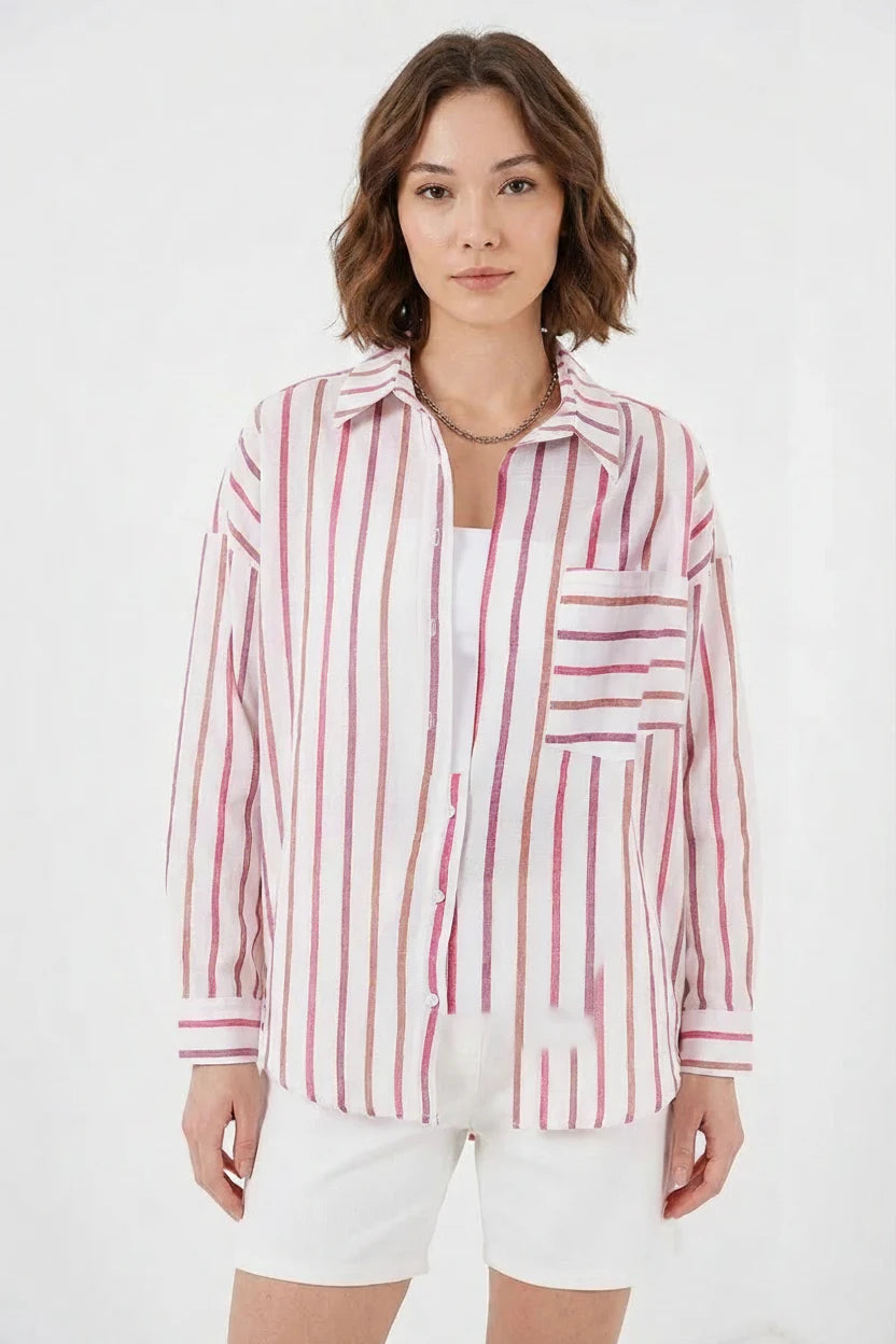 Kadın Oversize Çizgili Pamuklu Kırmızı Gömlek