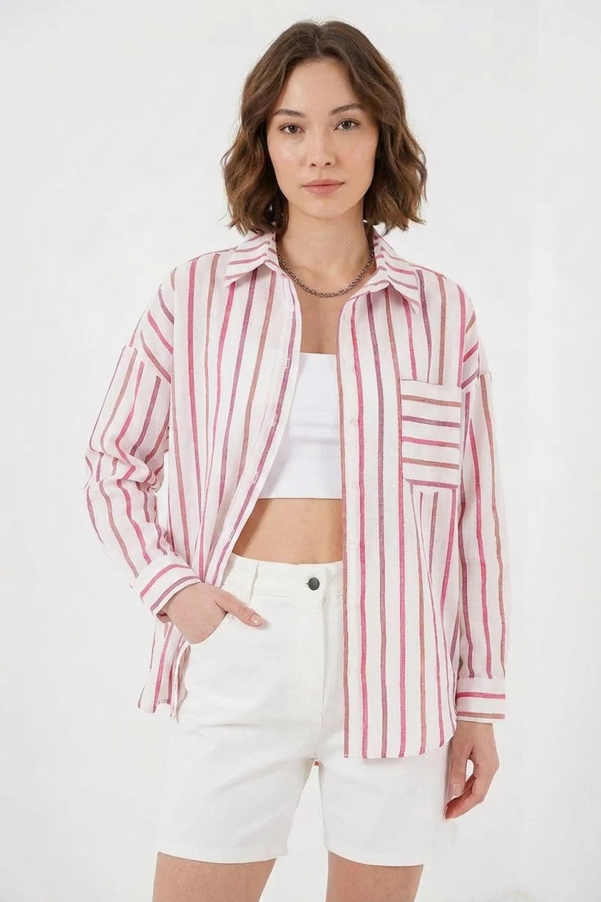 Kadın Oversize Çizgili Pamuklu Kırmızı Gömlek