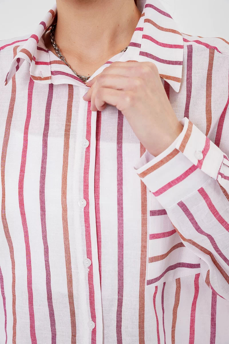 Kadın Oversize Çizgili Pamuklu Kırmızı Gömlek