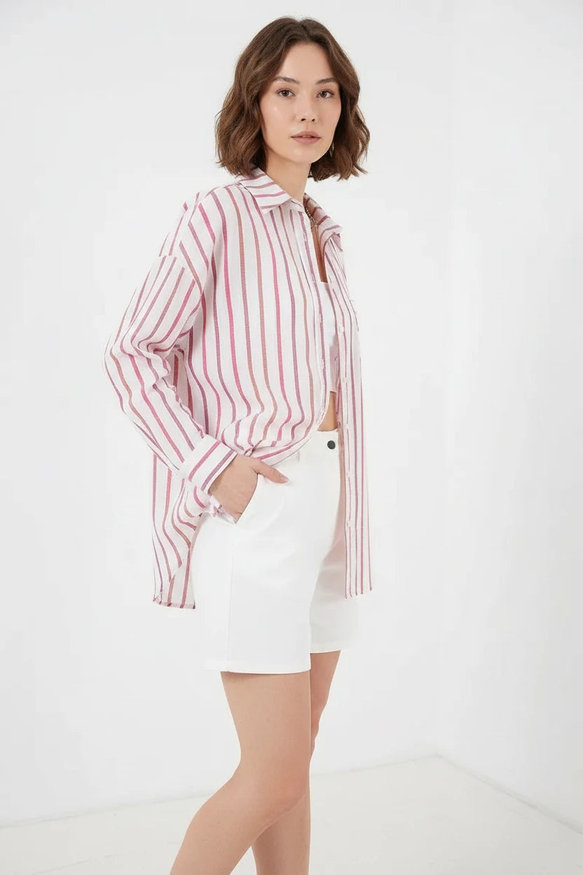 Kadın Oversize Çizgili Pamuklu Kırmızı Gömlek
