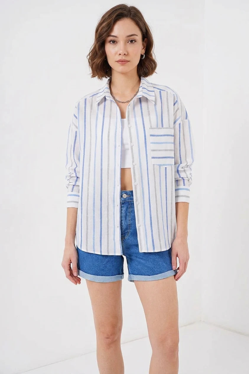 Kadın Oversize Çizgili Pamuklu Mavi Gömlek
