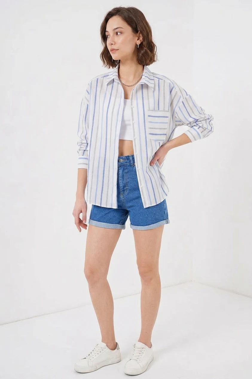 Kadın Oversize Çizgili Pamuklu Mavi Gömlek