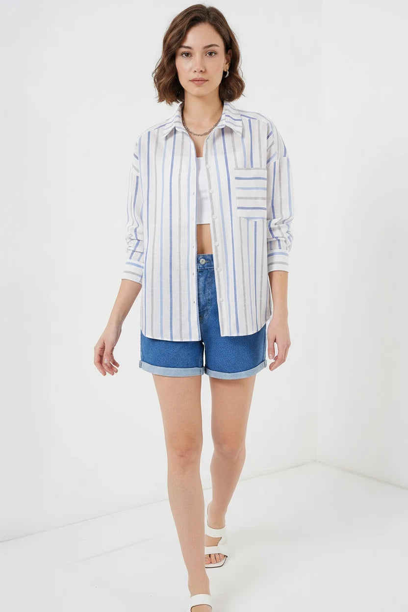 Kadın Oversize Çizgili Pamuklu Mavi Gömlek