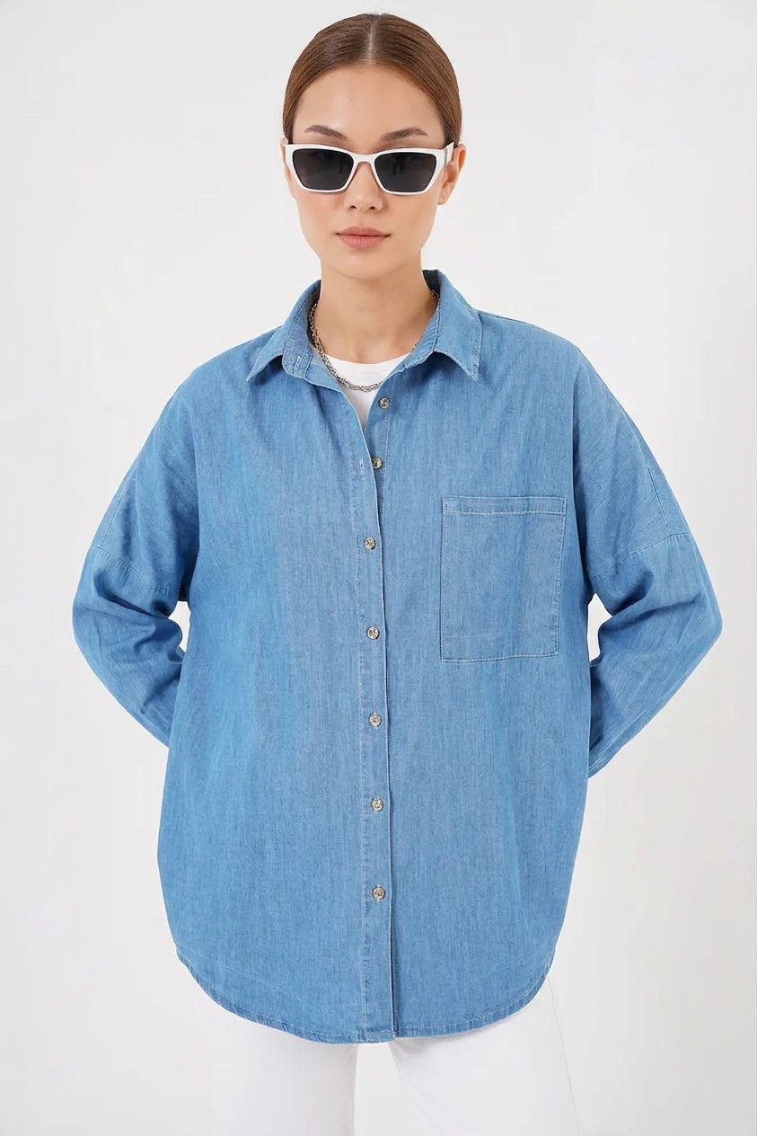 Kadın Oversize Kesim Pamuklu Mavi Gömlek