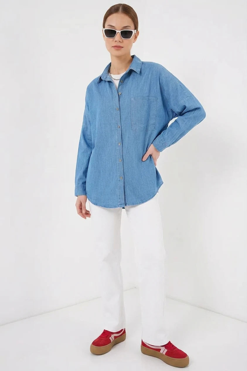 Kadın Oversize Kesim Pamuklu Mavi Gömlek