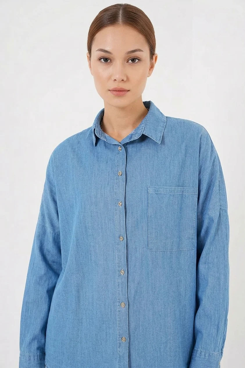 Kadın Oversize Kesim Pamuklu Mavi Gömlek