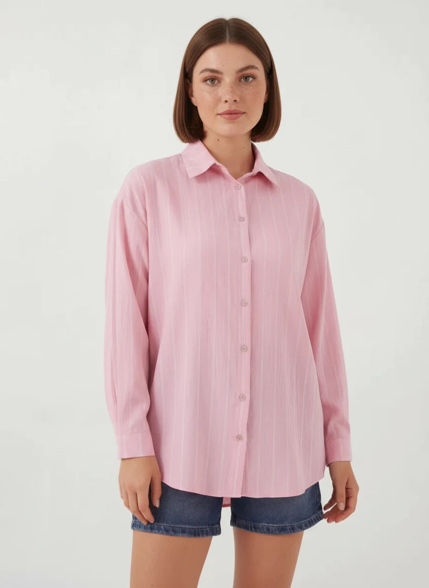 Kadın Oversize Çizgili Viskon Pembe Gömlek