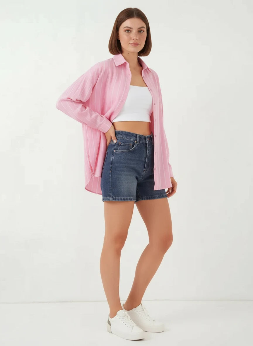 Kadın Oversize Çizgili Viskon Pembe Gömlek