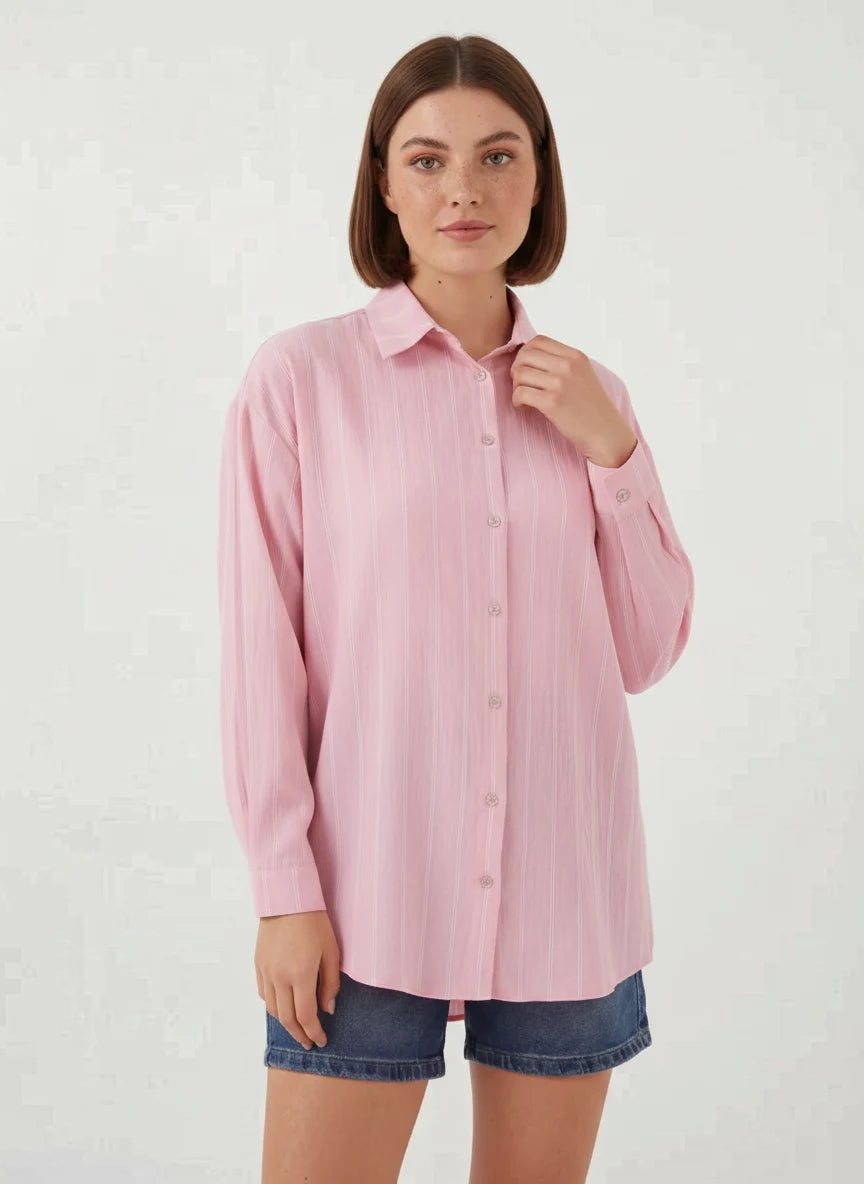 Kadın Oversize Çizgili Viskon Pembe Gömlek
