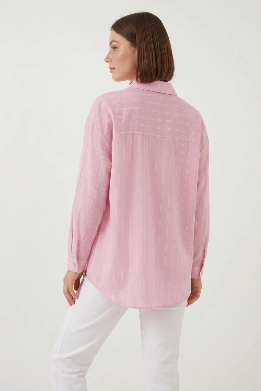 Kadın Oversize Çizgili Viskon Pembe Gömlek