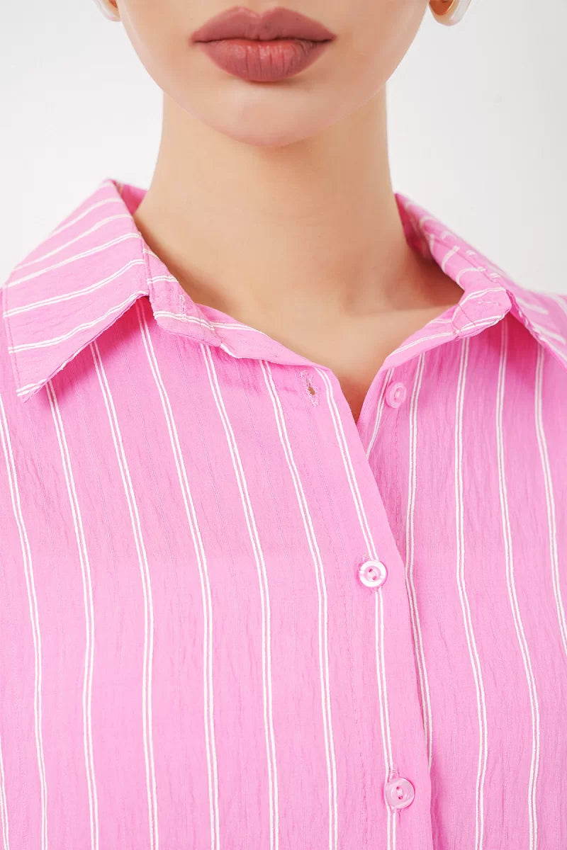 Kadın Oversize Çizgili Viskon Pembe Gömlek