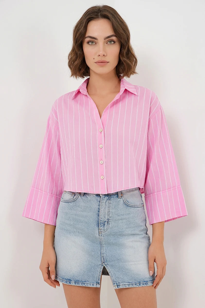 Kadın Oversize Çizgili Viskon Pembe Gömlek