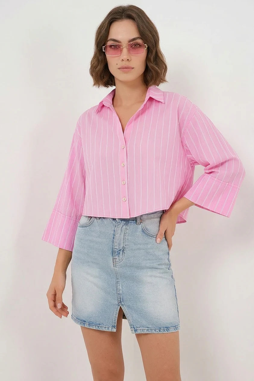 Kadın Oversize Çizgili Viskon Pembe Gömlek