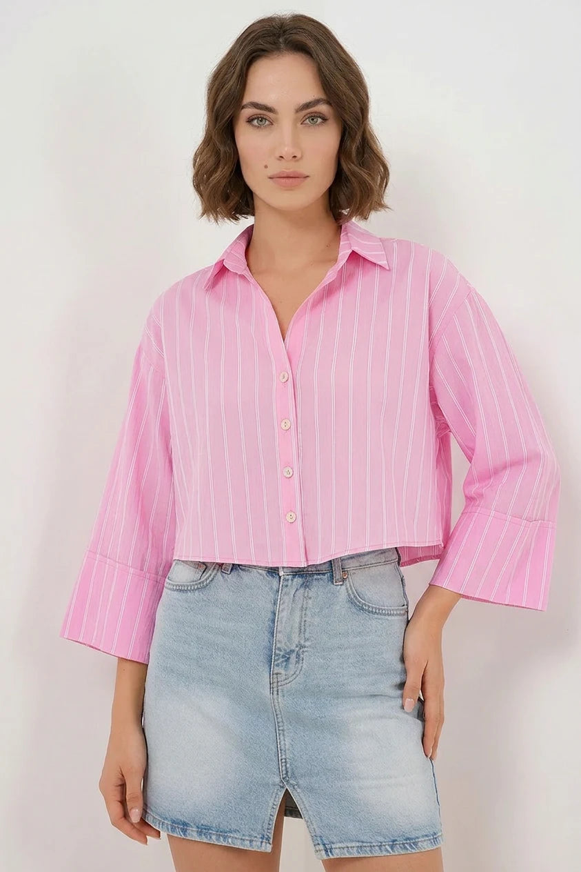 Kadın Oversize Çizgili Viskon Pembe Gömlek
