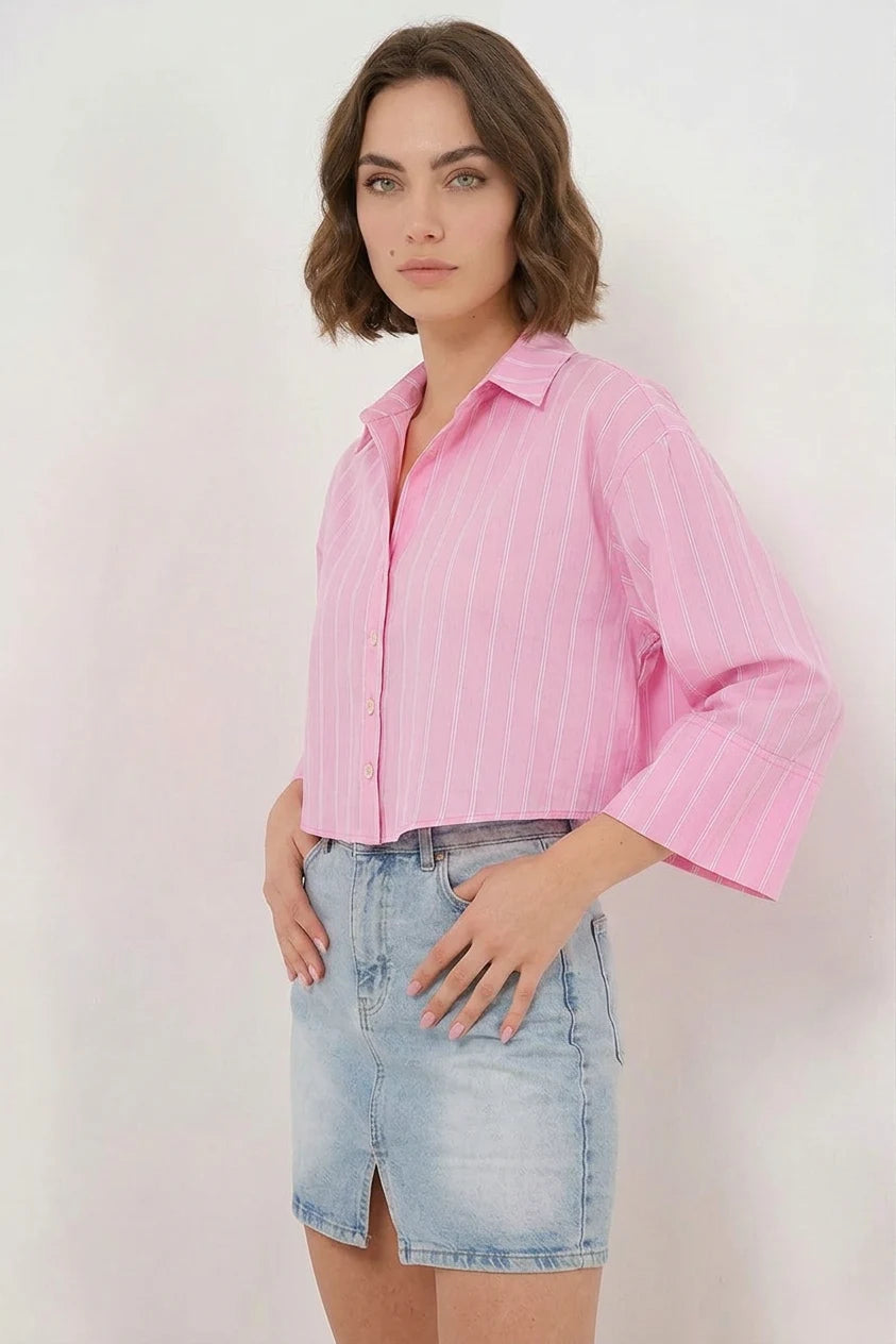 Kadın Oversize Çizgili Viskon Pembe Gömlek