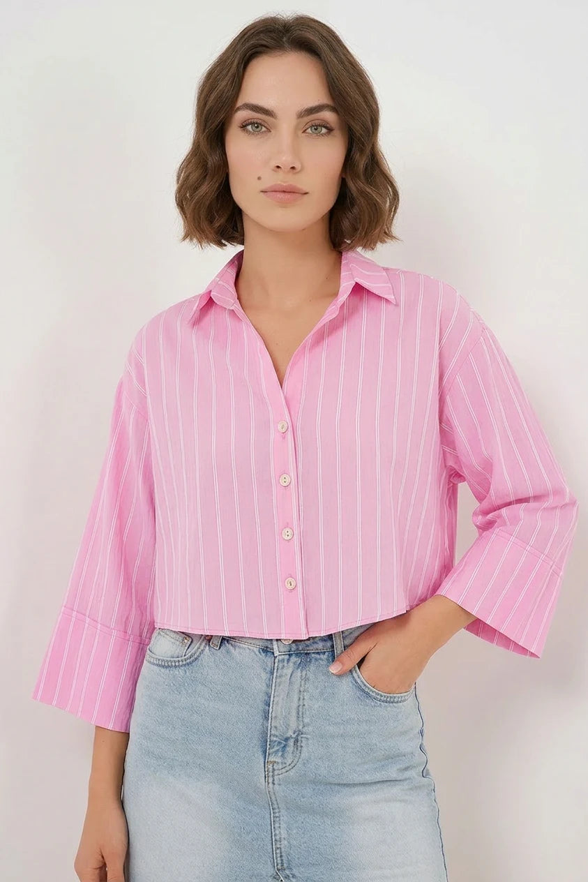 Kadın Oversize Çizgili Viskon Pembe Gömlek