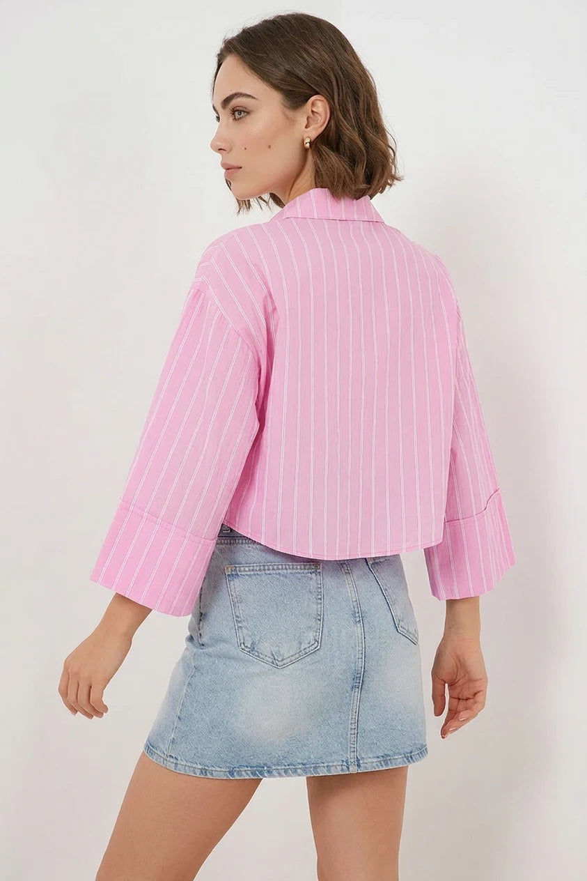 Kadın Oversize Çizgili Viskon Pembe Gömlek