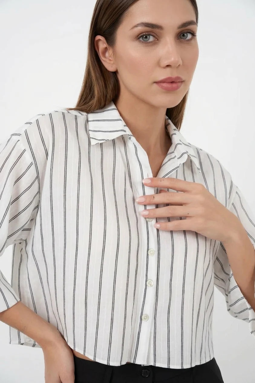 Kadın Oversize Çizgili Viskon Beyaz Gömlek