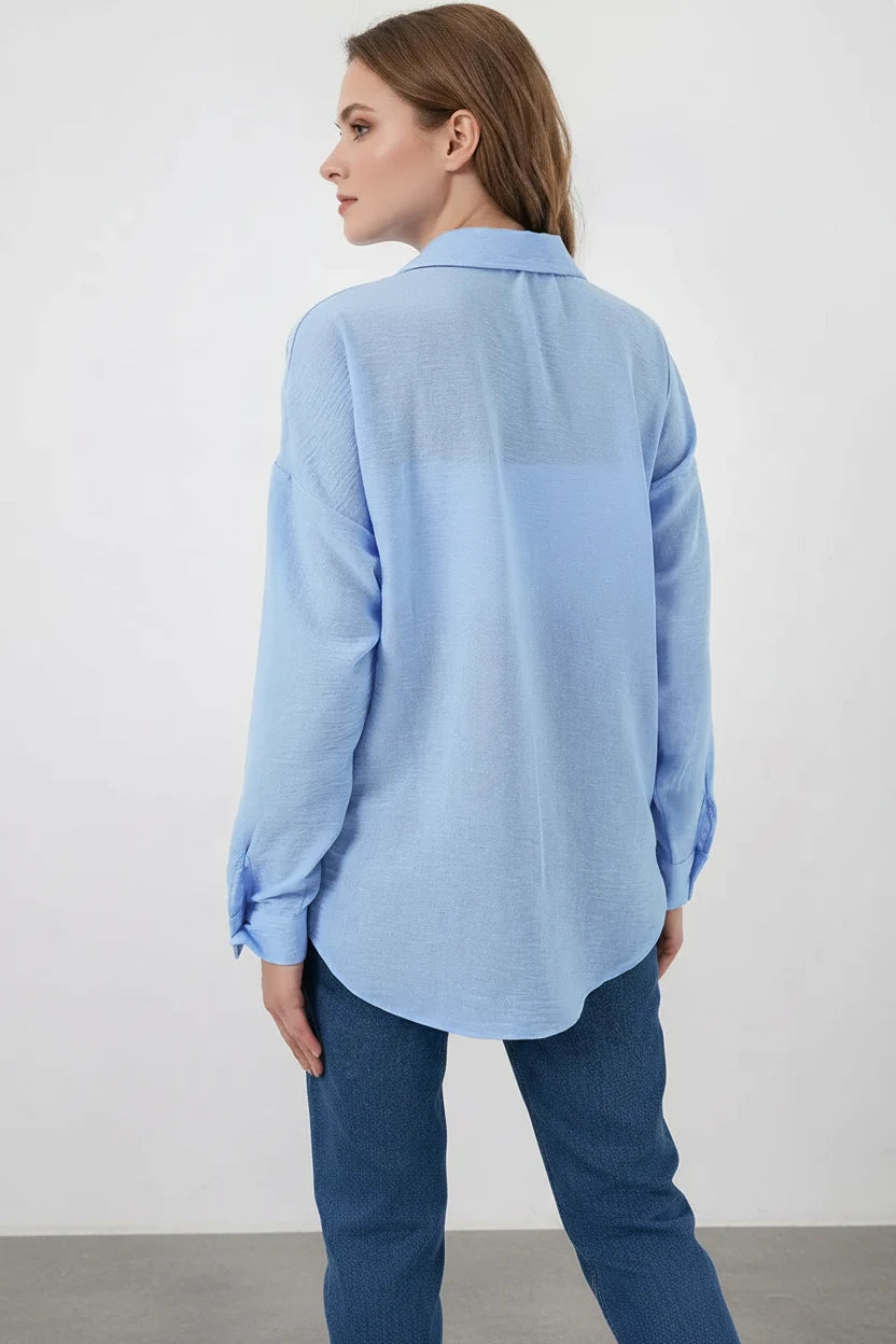 Kadın Oversize Nakışlı Çiçek Desenli Viskon Mavi Gömlek