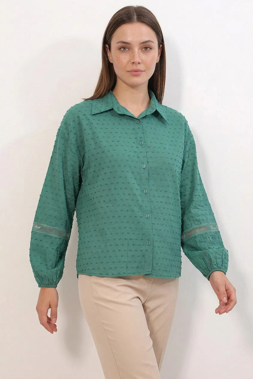 Kadın Dantel Detaylı Kol Oversize Zümrüt Yeşili Gömlek