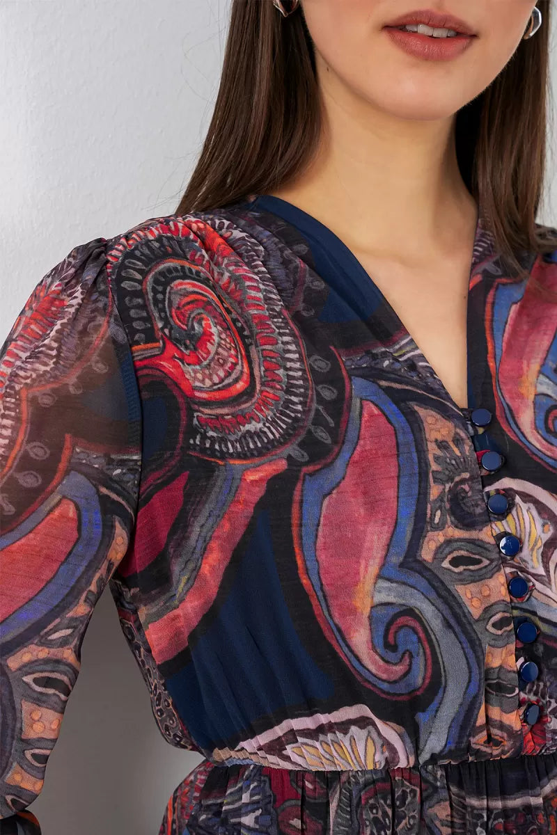 Kadın Beli Büzgülü Desenli Şifon Çok Renkli Elbise