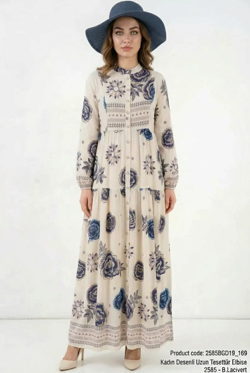 Kadın Yuvarlak Yaka Beli Büzgülü Çiçek Desenli Viskon Lacivert Tesettür Elbise