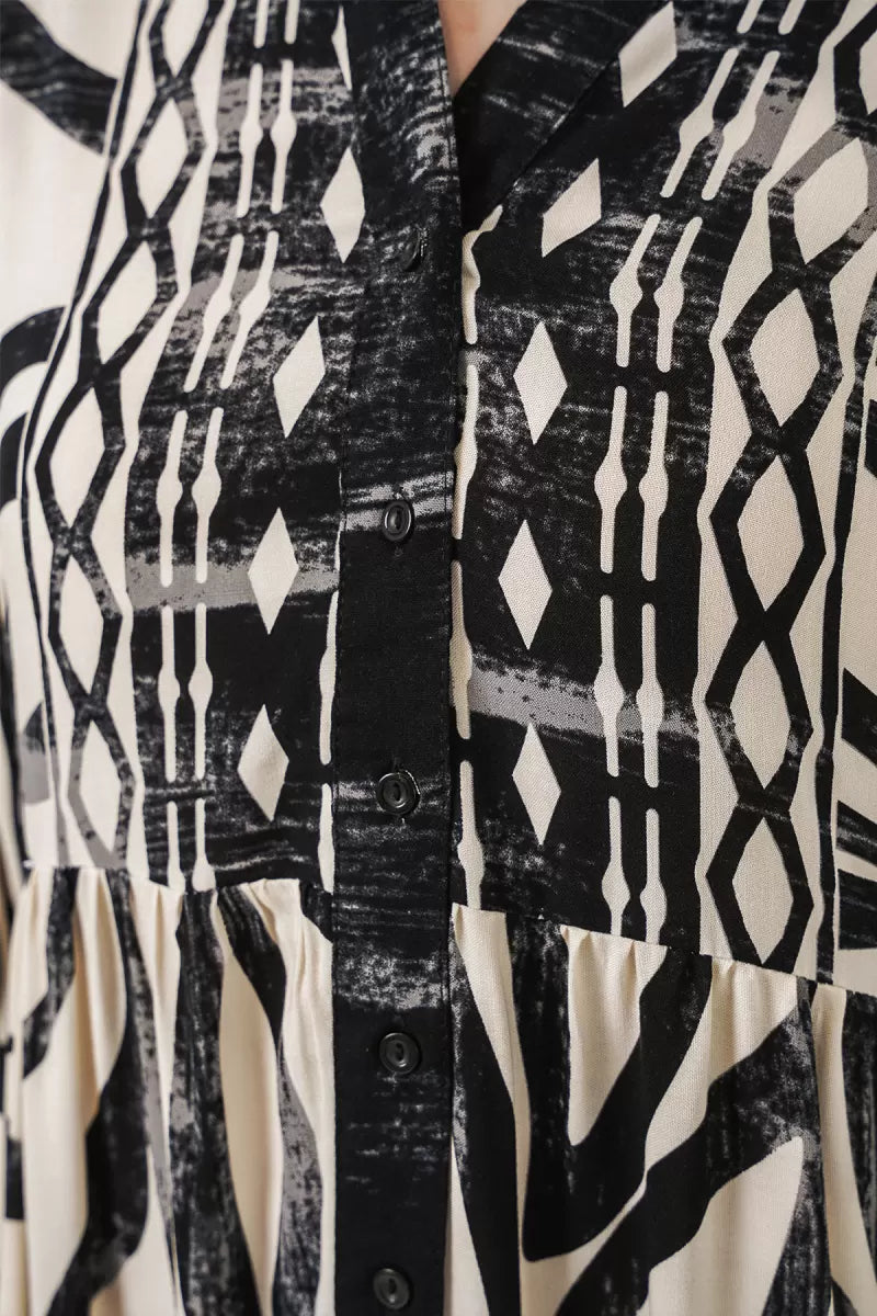 Kadın Otantik Desenli Viskon Siyah Tesettür Elbise