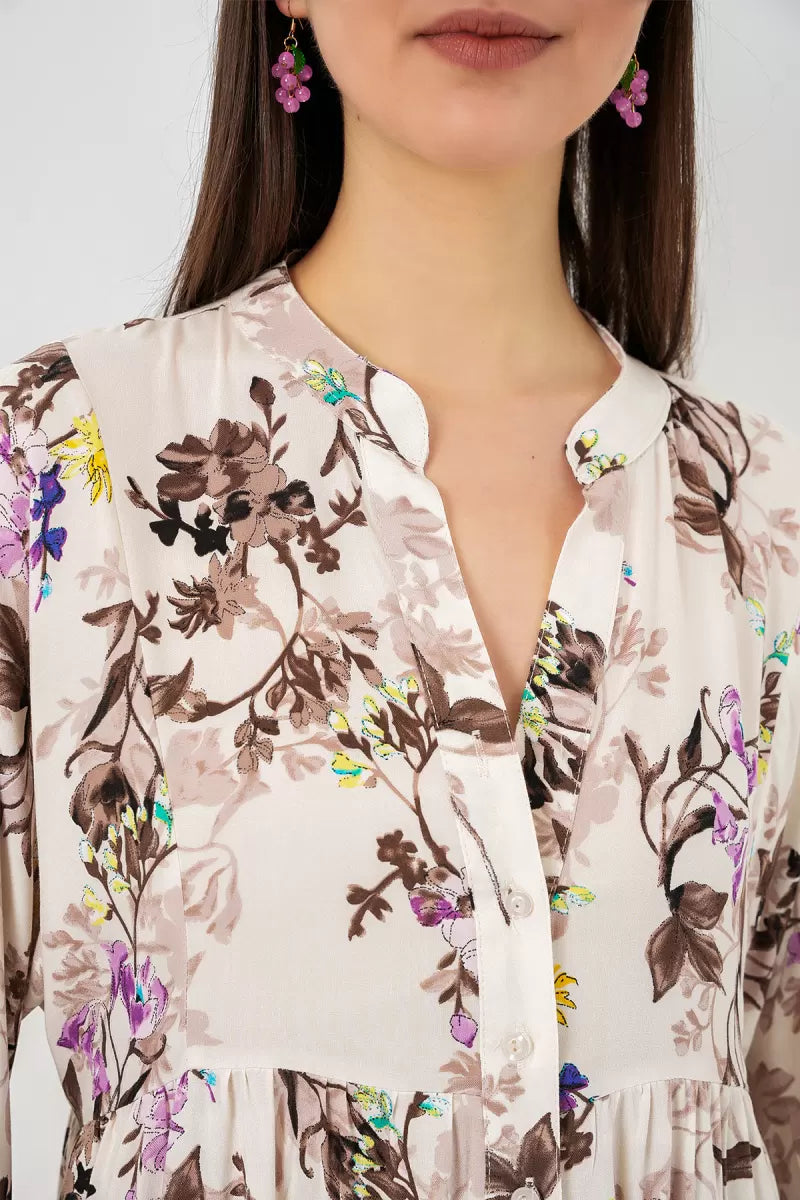 Kadın Gömlek Yaka Belden Büzgülü Çiçek Desenli Viskon Kahverengi Tesettür Elbise