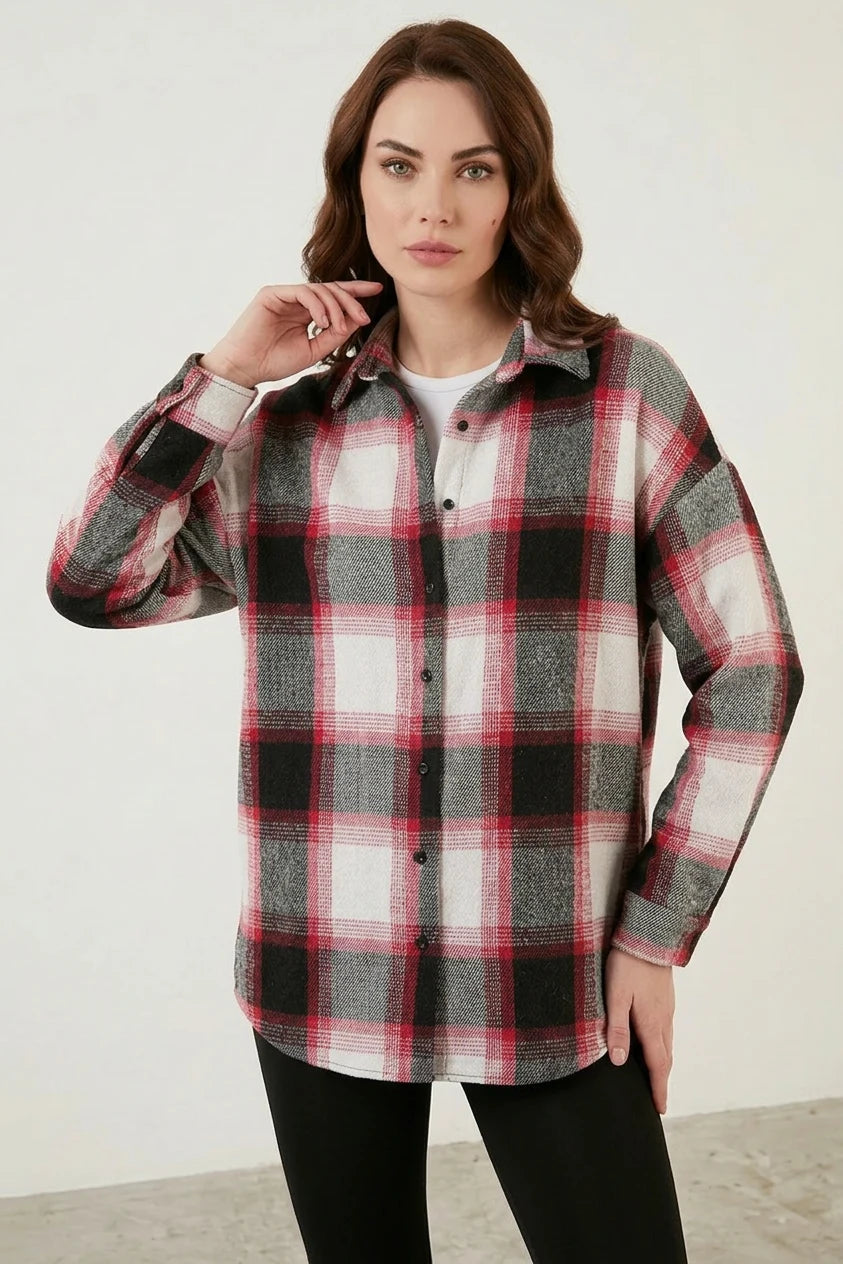 Kadın Oversize Ekose Desenli Pamuklu Kiremit Gömlek