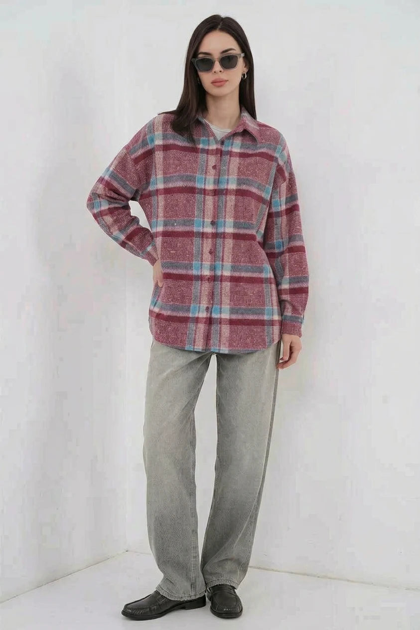 Kadın Oversize Ekose Desenli Pamuklu Mor Gömlek