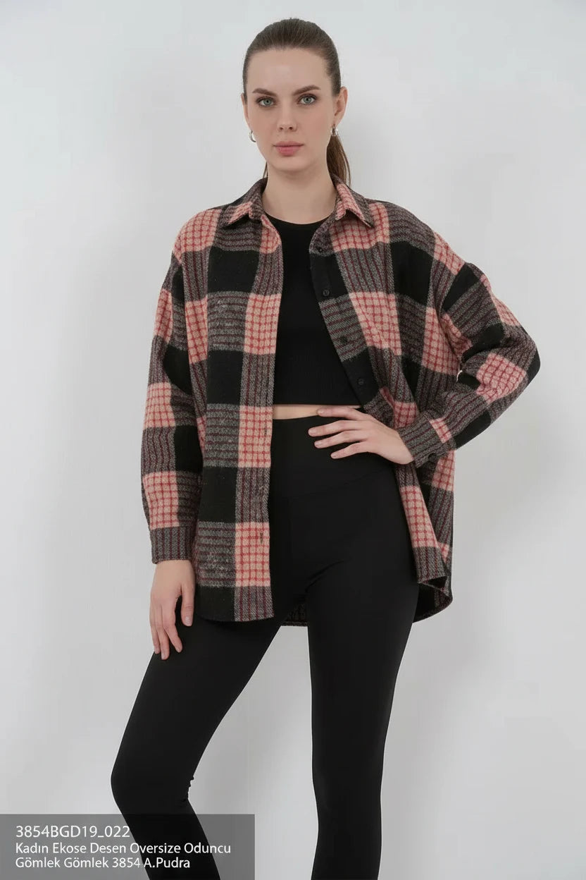 Kadın Oversize Ekose Desenli Pamuklu A.Pudra Gömlek