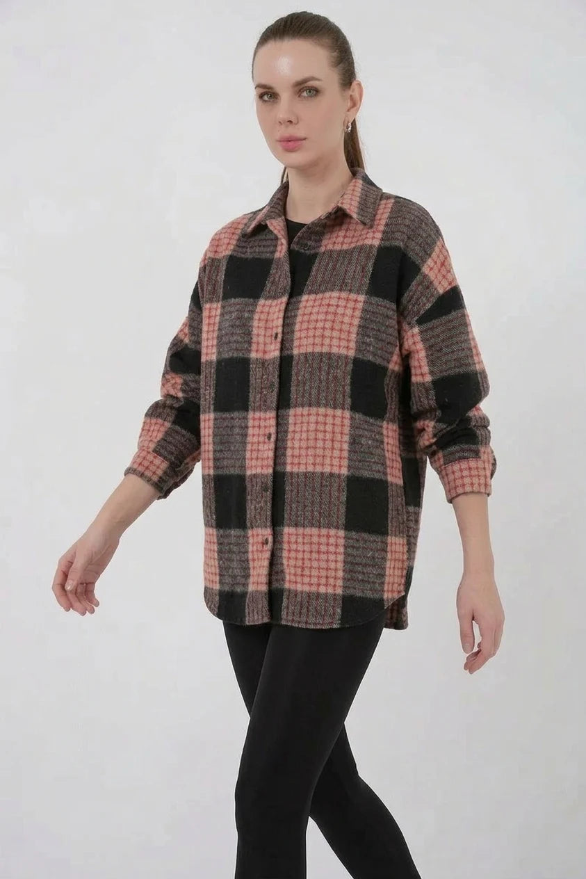 Kadın Oversize Ekose Desenli Pamuklu A.Pudra Gömlek