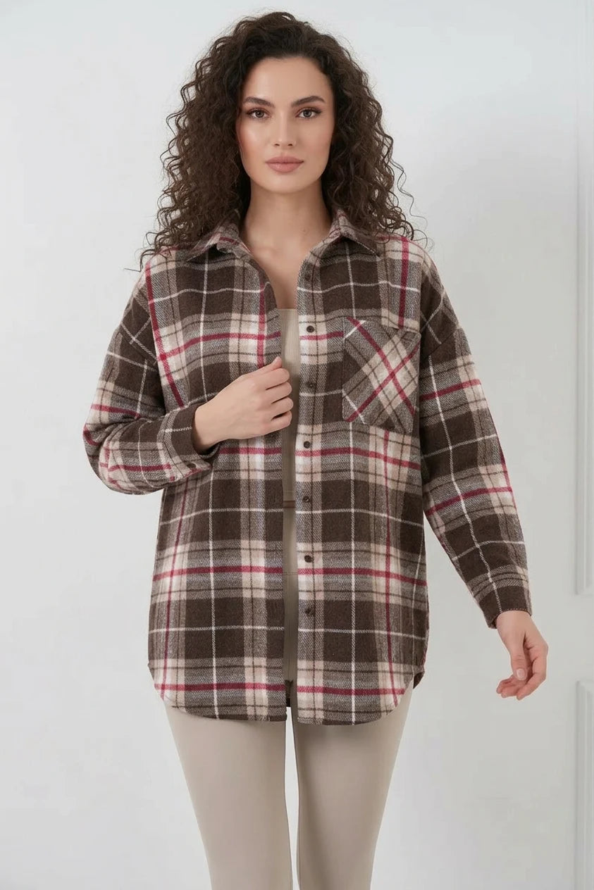 Kadın Oversize Ekose Desenli Pamuklu Vizon Gömlek