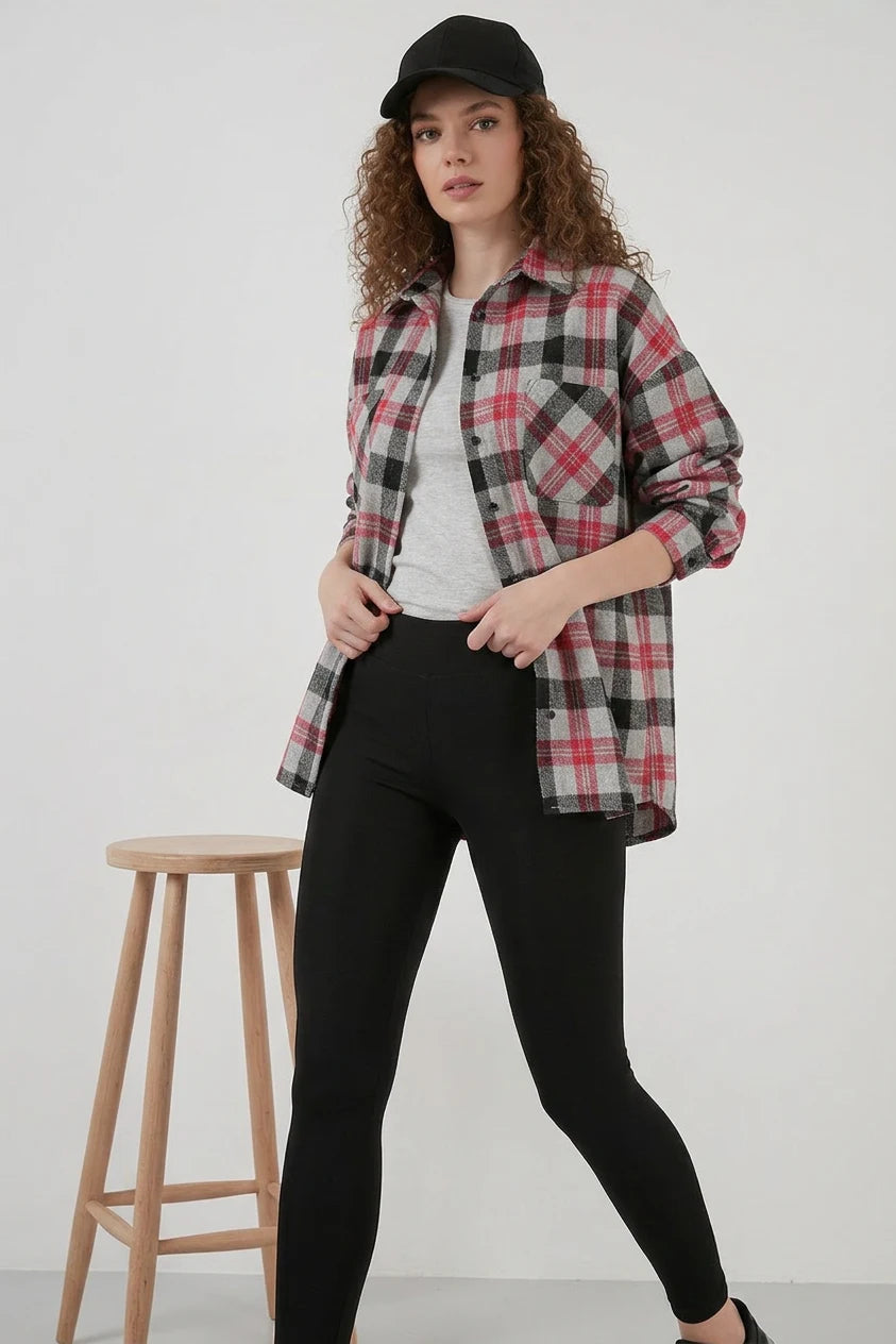 Kadın Oversize Ekose Desenli Pamuklu Nar Gömlek