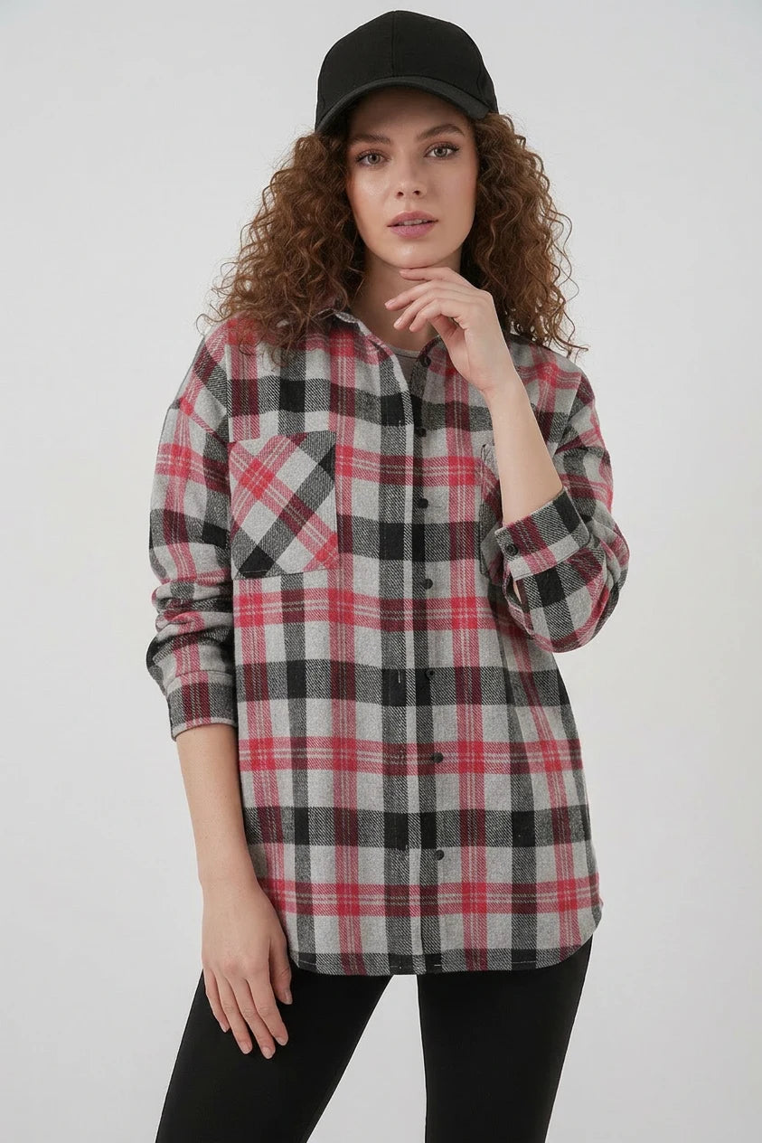 Kadın Oversize Ekose Desenli Pamuklu Nar Gömlek