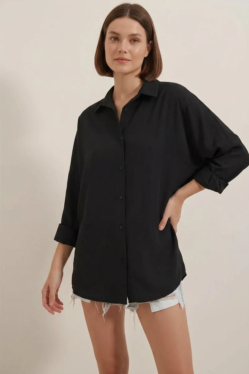 Kadın Oversize Basic Pamuklu Siyah Gömlek