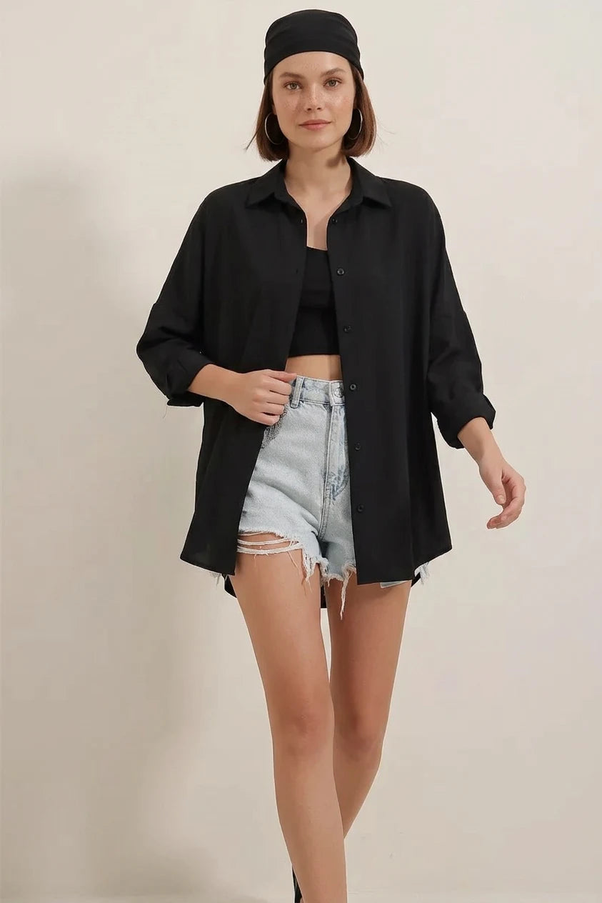 Kadın Oversize Basic Pamuklu Siyah Gömlek