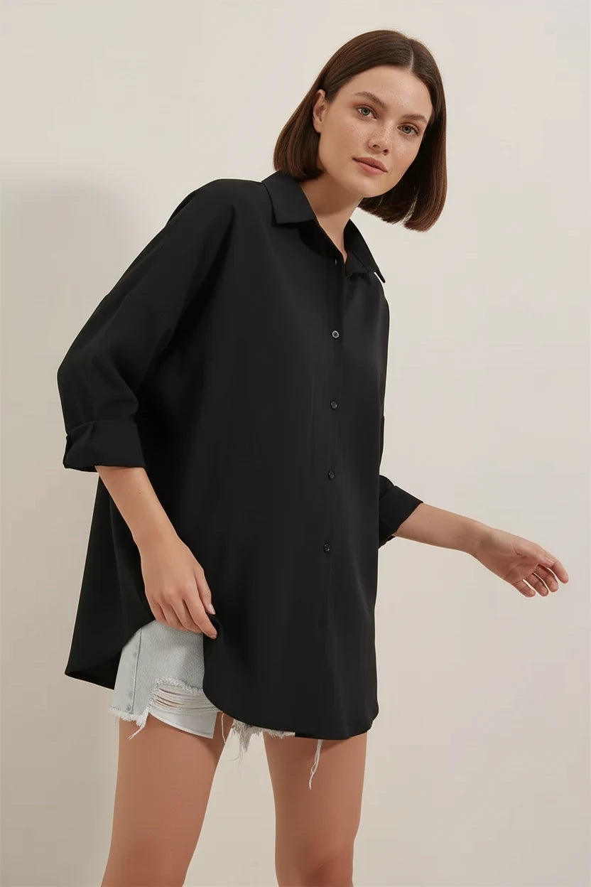Kadın Oversize Basic Pamuklu Siyah Gömlek