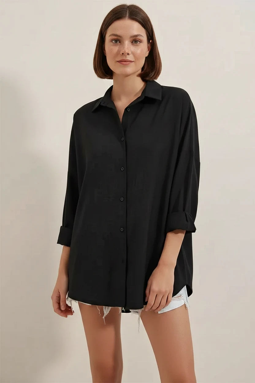 Kadın Oversize Basic Pamuklu Siyah Gömlek