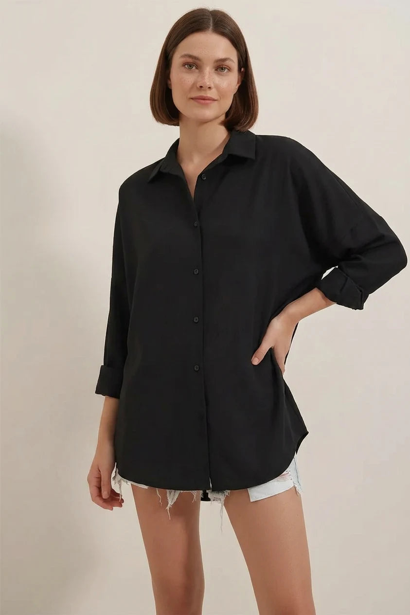 Kadın Oversize Basic Pamuklu Siyah Gömlek