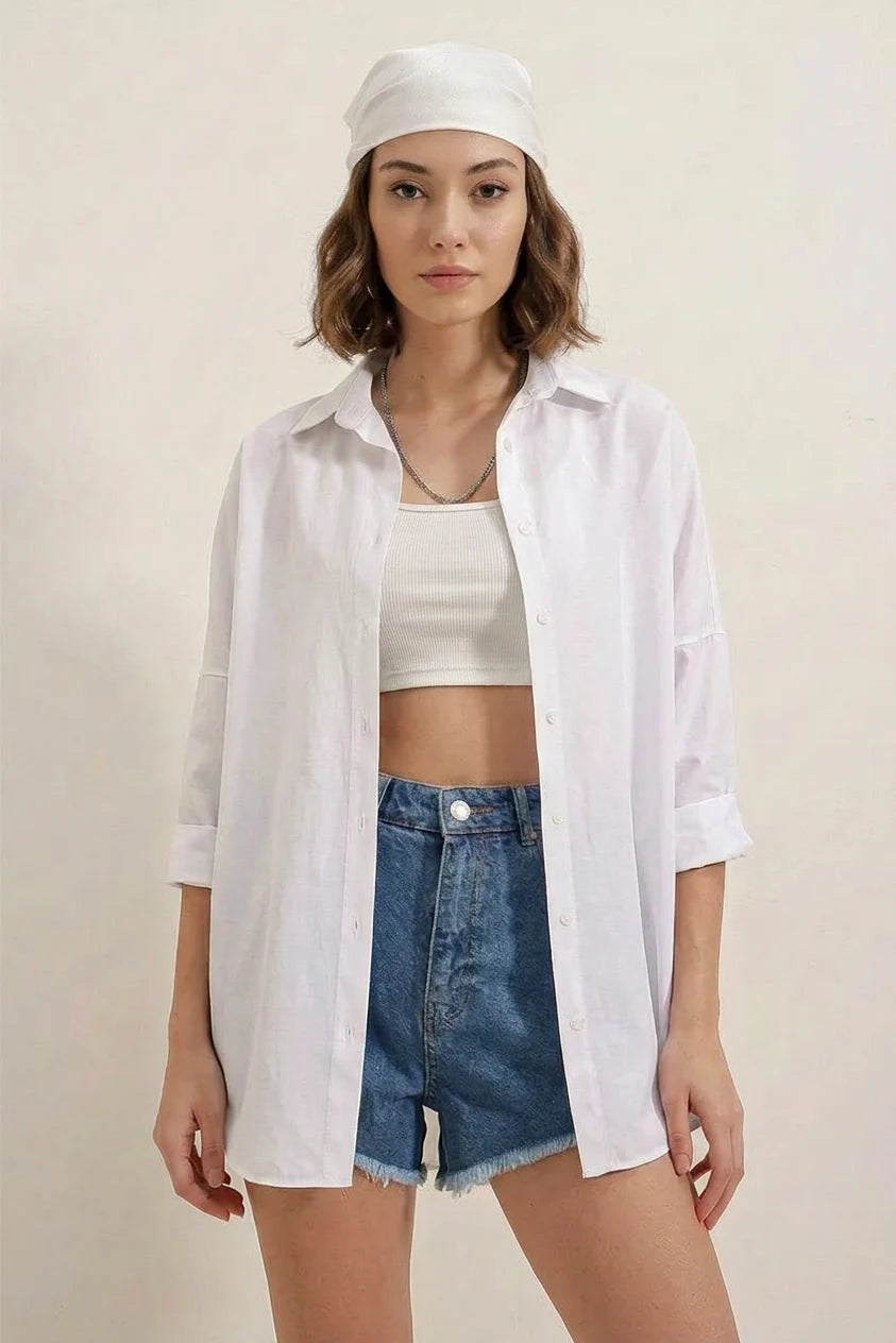 Kadın Oversize Basic Pamuklu Beyaz Gömlek