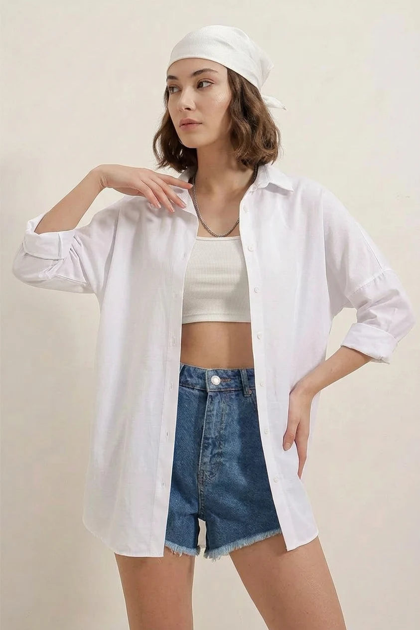 Kadın Oversize Basic Pamuklu Beyaz Gömlek