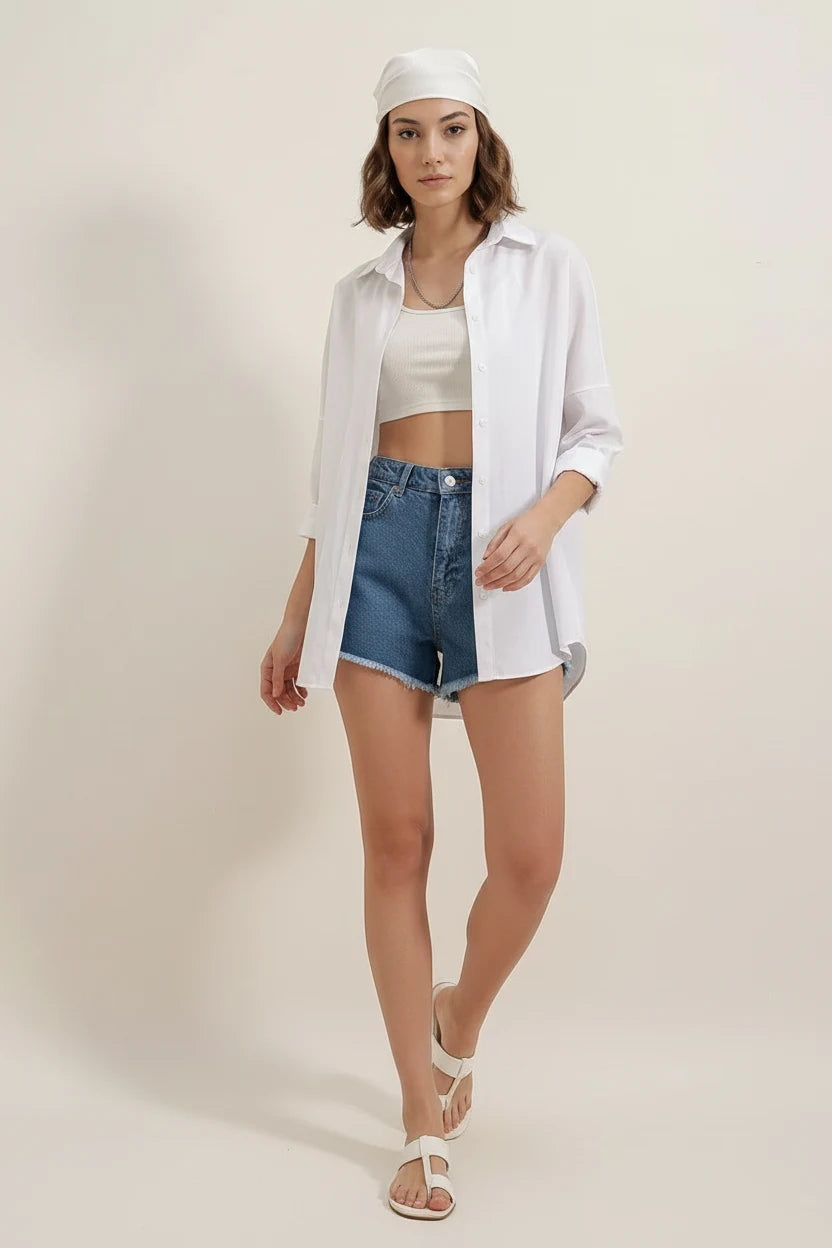 Kadın Oversize Basic Pamuklu Beyaz Gömlek